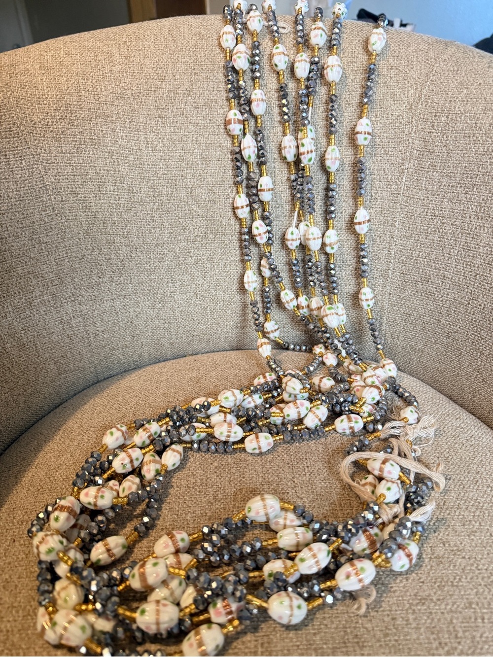African Multi-Strand White and Gray Beaded Statement waistbeads